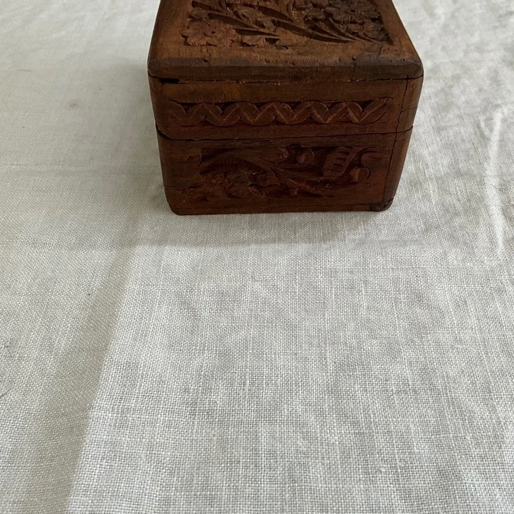 Hand Carved Wooden Jewelry Trinket Box Floral Vine Design Blue Velvet Lining